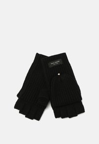 Svart ribbad stickad fingerlös handskar med en matchande mössa, med en liten dekorativ knapp och en etikett som säger "kate spade NEW YORK."