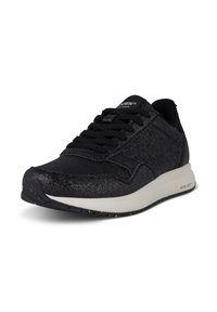 Schwarzer Sportschuh mit strukturiertem Obermaterial, runder Zehenpartie und weißer Mittelsohle mit gesprenkelten Akzenten. Klassisches Schnürdesign und gepolsterter Schaft.