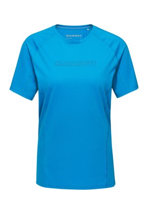 Helles blaues kurzärmeliges Sport-T-Shirt mit dem "MAMMUT"-Logo in der Mitte der Brust und rundem Halsausschnitt.