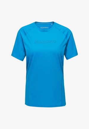 Jasnoniebieska sportowa koszulka z krótkim rękawem z logo "MAMMUT" na środku klatki piersiowej i okrągłym dekoltem.