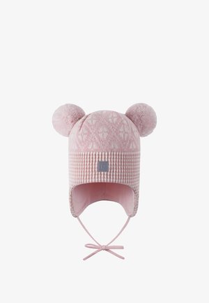 Różowa wełniana czapka na zimę z uszami, dwiema pomponami na czubku, teksturowanym wzorem i wiązaniami przy podbródku.