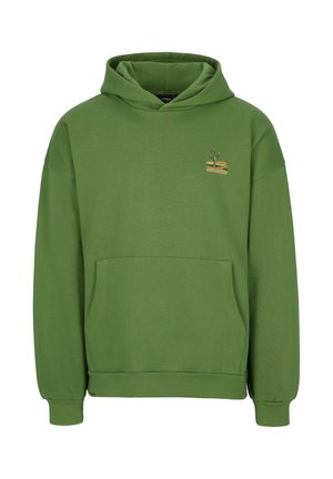 Green hoodie made of soft fabric, featuring a kangaroo pocket, a drawstring hood, and a small chest logo with tree and landscape design.