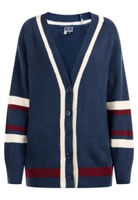 Marinblå kardiagan med V-ringning, vita och vinröda ränder på ärmarna, knapplåsning och ribbade kanter. Mjuk stickad textur.