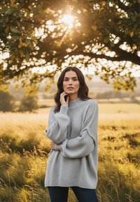 Jasnoszary sweter z dzianiny o wysokim kołnierzu i szerokich rękawach, na tle słonecznego otoczenia na świeżym powietrzu z trawą i drzewami.