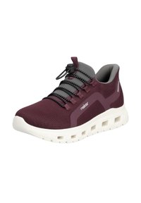 Sneaker with a maroon mesh upper, gray accents, and elastic laces. Features a white, cushioned sole with ventilation holes.