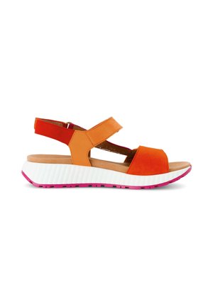 Open-toe sandal with orange and red straps, adjustable velcro closures, white cushioned sole, and pink tread on the outsole.