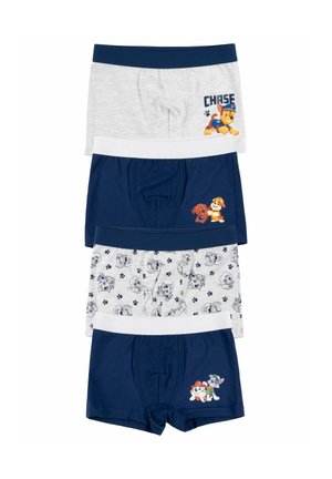Four pairs of boys' boxer briefs featuring Paw Patrol characters, in navy blue, white, and gray with character prints and colored waistbands.