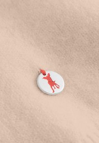 Zilveren ronde hanger met een uitgesneden silhouet van een rode hond, bevestigd aan een rode koord, rustend op een zachte beige stof.