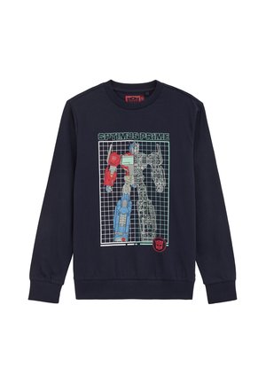 Navy sweatshirt with graphic of half-colored, half-wireframe Optimus Prime standing against a grid background and "OPTIMUS PRIME" text above.