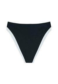 Svart bikiniunderdel med vita sidopaneler, med en slät textur och en klassisk skärning. Inga ytterligare detaljer eller mönster förekommer.