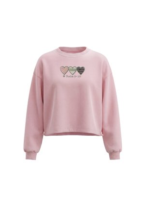 Lyserød langærmet sweatshirt med ribstrikkede manchetter og tre hjerte designs over teksten "Pookies for Life" på brystet.