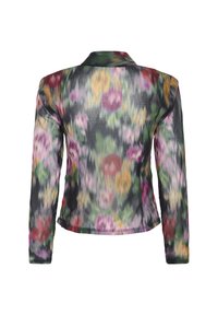 Langarmjacke mit einem gemischten Blumenmuster in den Farben Pink, Rot, Gelb, Grün und Schwarz, von hinten gezeigt.