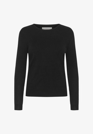 Juodas ilgomis rankovėmis megztinis su apvaliu iškirpimu ir gyslinėmis tekstūromis ant kūno ir rankovių.