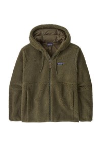 Giacca in fleece verde oliva con zip frontale, cappuccio e due tasche laterali. Presenta un tessuto testurizzato e una toppa con logo sul petto.