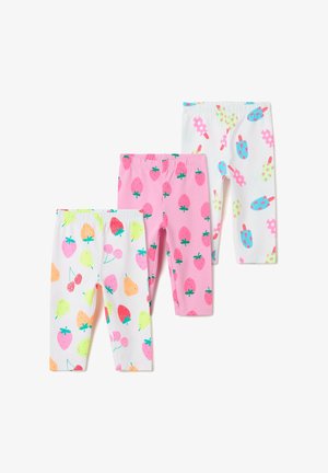 Drei Leggings-Paare: eine weiße mit bunten Früchten, eine rosa mit Erdbeeren und eine weiße mit Eismuster. Weicher, elastischer Bund.