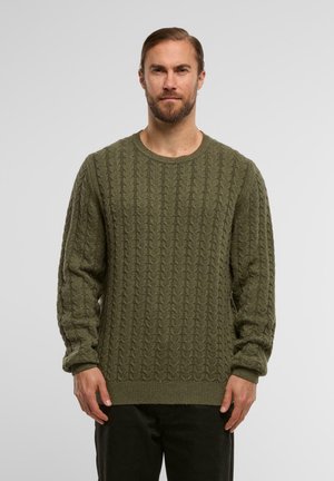 Olive green knit sweater featuring a cable pattern, round neckline, and long sleeves with ribbed cuffs and hem. Soft texture and relaxed fit.
