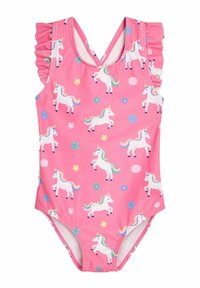 Maillot de bain eine pièce rose avec des épaules à volants, arborant un motif de licornes et des fleurs colorées, fabriqué en tissu de bain extensible.