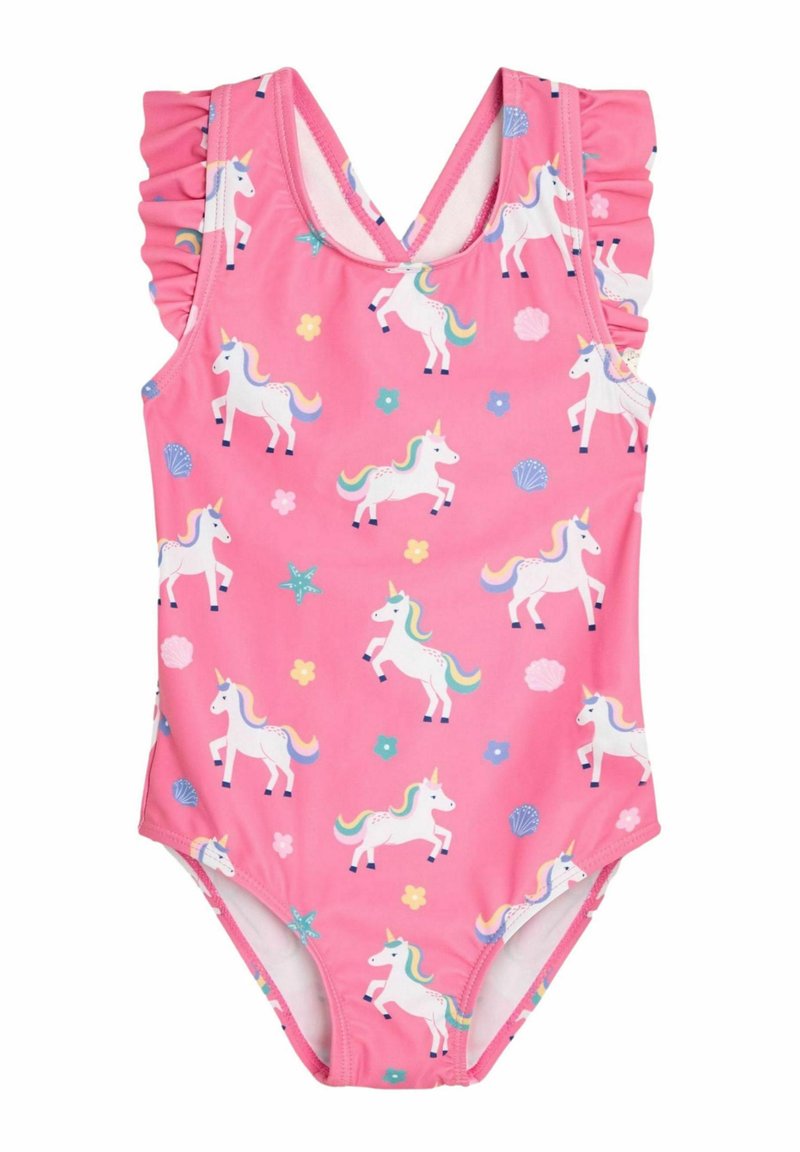 Maillot de bain eine pièce rose avec des épaules à volants, arborant un motif de licornes et des fleurs colorées, fabriqué en tissu de bain extensible.