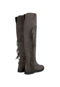 Botas largas de ante gris con detalles de flecos en los laterales y un tacón bajo negro. Textura suave con un diseño de punta redondeada.