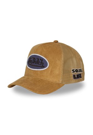Gorra de béisbol marrón de ante y malla con parche ""Von Dutch"" en el frente y ""So Cal Life"" bordado en el lateral.
