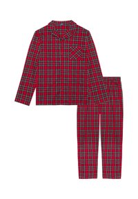 Rote Karomuster-Pyjamas mit einem Knopfverschluss-Oberteil mit Kragen und einer Brusttasche, kombiniert mit Hosen mit elastischem Bund im gleichen Muster.
