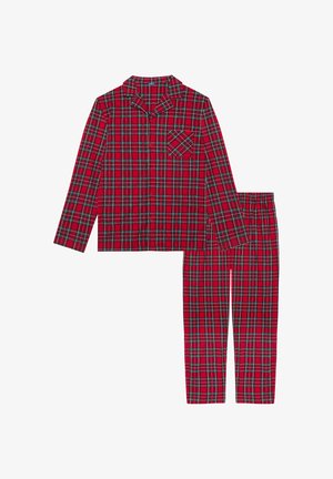 Pajamas à carreaux rouges comprenant un haut à boutons avec col et une poche poitrine, associés à un pantalon à taille élastique dans le même motif.