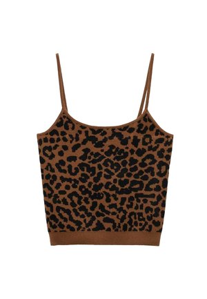 Top court imprimé léopard aux couleurs brunes et noires, avec de fines bretelles et une coupe ajustée. Fabriqué en matériau tricot doux.