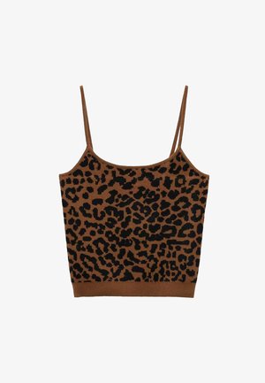 Kraťasová blúzka s leopardím vzorom v hnedých a čiernych farbách, s tenkými ramienkami a priliehavým strihom. Vyrobená z jemného pleteného materiálu.