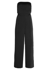 Combinaison noire sans bretelles avec un corsage ajusté, un design à jambes larges et un tissu lisse. Dotée de plis à l'avant pour plus de détail.