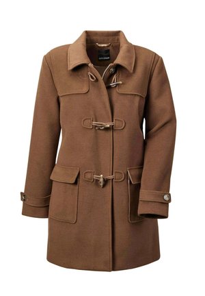 Manteau en mélange de laine marron avec un col replié, des fermetures à bascule, deux poches avant et des poignets boutonnés. Texture lisse avec des accents contrastants.