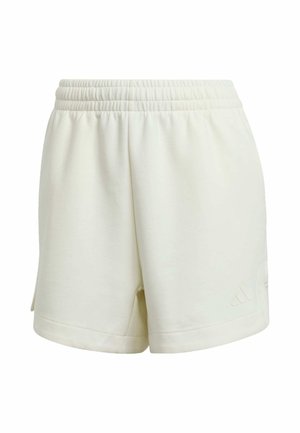 Cream-colored cotton shorts with an elastic waistband, side slits, and a textured Adidas logo on the hem. Soft fabric with a smooth finish.