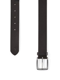 Brown leather belt with a smooth texture, featuring a silver metal buckle and five adjustable holes for sizing.