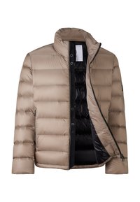 Beige pufferjakke med høj krave og lynlås. Har en kontrasterende sort foring og er lavet af glat, let materiale.