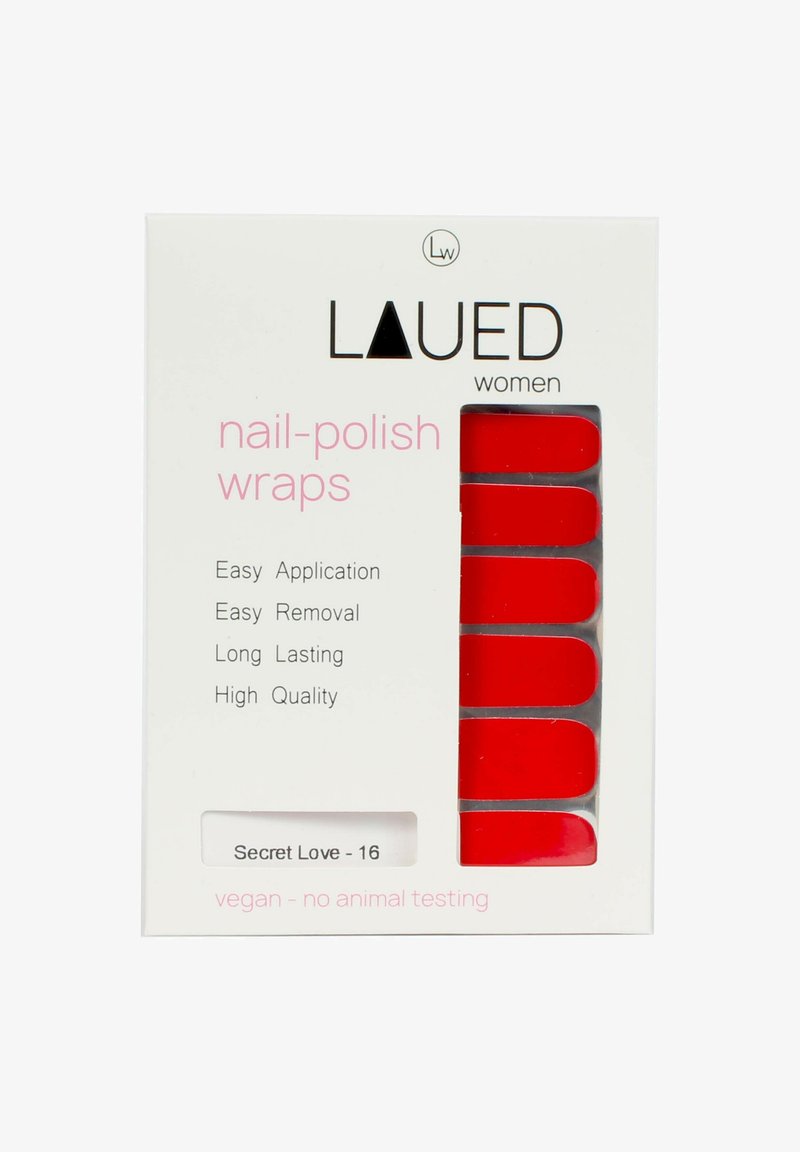 Röd nagellackfolie i ett rektangulärt förpackning. Folierna har en glansig yta och en rundad form. Innehåller produktinformation i ljusrosa text.