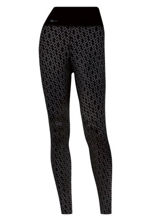 Schwarze Leggings mit einem durchgängigen geometrischen Muster, aus elastischem Stoff gefertigt und mit einem breiten, einfarbigen Bund für zusätzlichen Komfort.