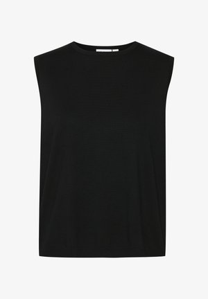 Black sleeveless top with a round neckline, made of a ribbed fabric, featuring a loose fit and straight hem, designed for comfort.