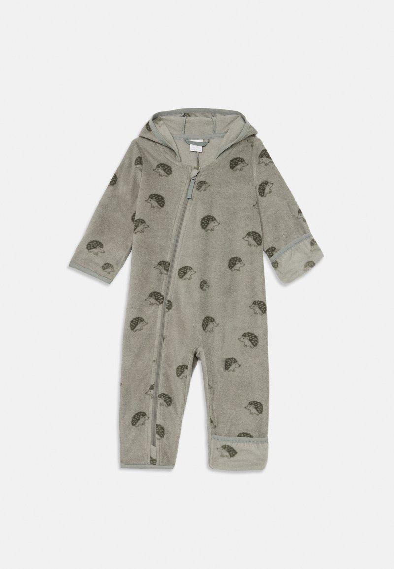 Grau gefütterter Overall aus weichem Fleece. Mit einem ganzflächigen Igel-Muster. Mit Reißverschluss und elastischen Bündchen.