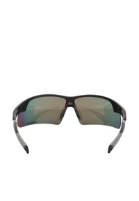 Sunglasses with a black frame, wraparound design, and gradient lenses featuring green and brown hues. Rubber grips on the sides for comfort.