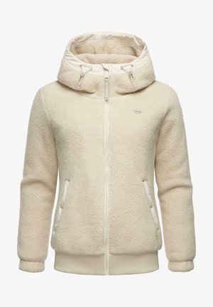 Kremowy polarowy hoodie z wysokim kołnierzem, zamkiem błyskawicznym z przodu, bocznymi kieszeniami oraz ściągaczami przy mankietach. Posiada teksturowaną, miękką powierzchnię.