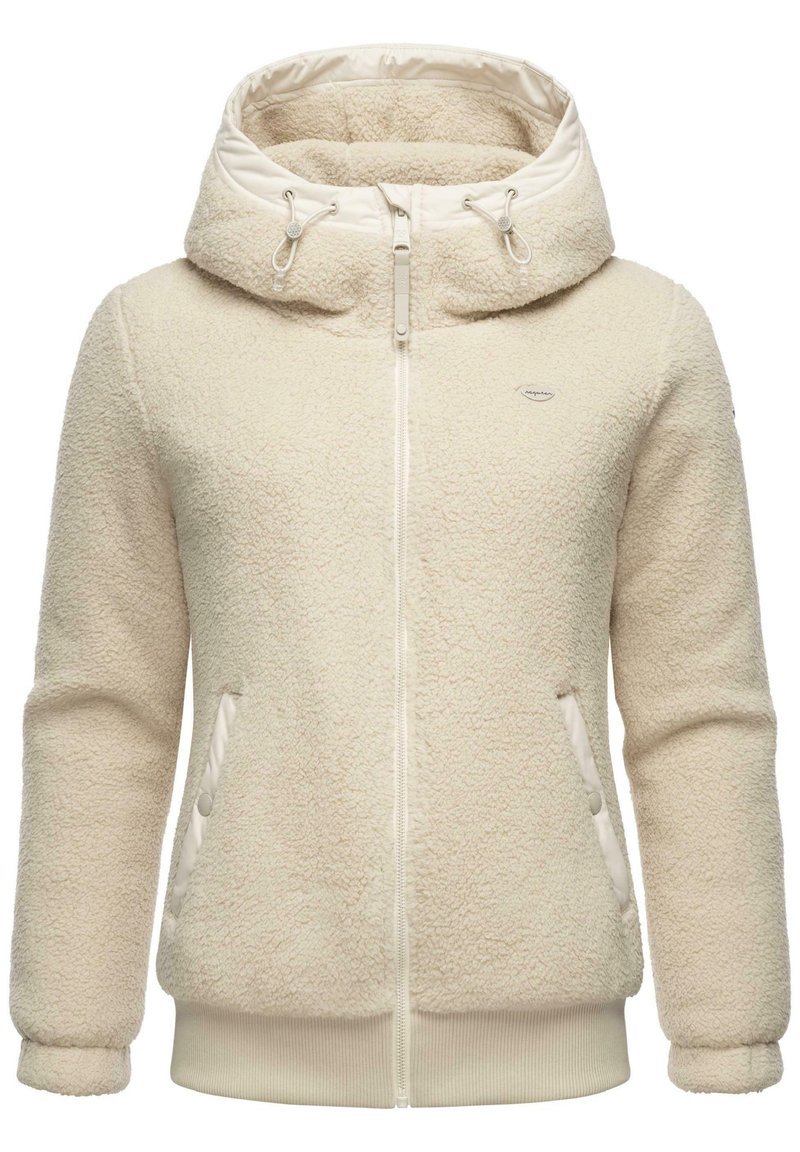 Cremfarbener Fleece-Hoodie mit hohem Kragen, Frontreißverschluss, seitlichen Taschen und gerippten Bündchen. Verfügt über eine strukturierte, weiche Oberfläche.