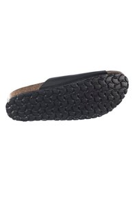 Sandalia de goma negra con una plantilla de corcho contorneada, que presenta una suela texturizada y con patrón para un buen agarre. Diseño de tira superior suave.