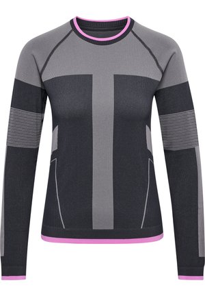 Long-sleeve athletic top in dark gray with light gray accents, featuring a round neck with pink trim and textured striped patterns on sleeves.