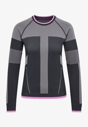 Langærmet træningstop i mørkegrå med lysegrå detaljer, udstyret med en rund hals med pink kant og teksturerede stribemønstre på ærmerne.