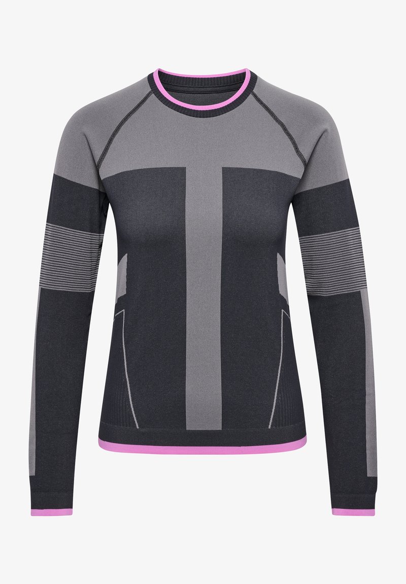 Langärmliges Sportoberteil in Dunkelgrau mit hellgrauen Akzenten, mit einem runden Halsauschnitt mit pinkem Besatz und strukturierten Streifenmustern an den Ärmeln.