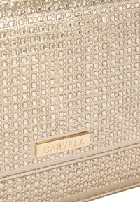 Pochette in tessuto dorato con una trama a griglia e strass incastonati. Una placca rettangolare con il logo è posizionata nella parte inferiore.