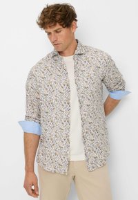 Kurzärmliges Button-up-Hemd in hellen Pastellfarben mit floralem Muster; kontrastierende blassblaue Manschetten; leichtes Material mit lockerer Passform.