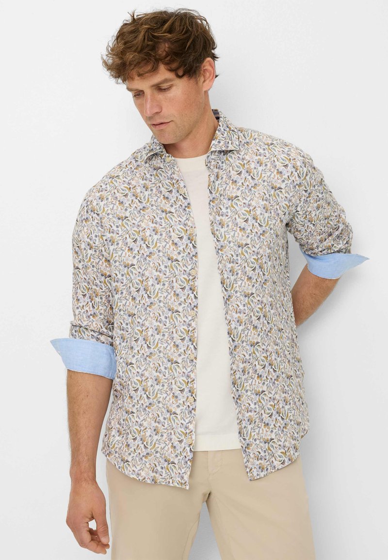 Kurzärmliges Button-up-Hemd in hellen Pastellfarben mit floralem Muster; kontrastierende blassblaue Manschetten; leichtes Material mit lockerer Passform.