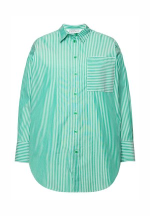 Vihreä ja valkoinen raidallinen paita, jossa on napitus edessä, pitkät hihat ja vaakaraidallinen rintatasku. Sileä kangas, rento malli.