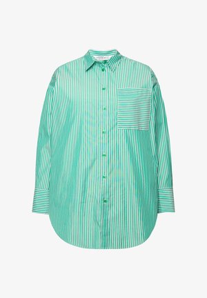 Vihreä ja valkoinen raidallinen paita, jossa on napitus edessä, pitkät hihat ja vaakaraidallinen rintatasku. Sileä kangas, rento malli.