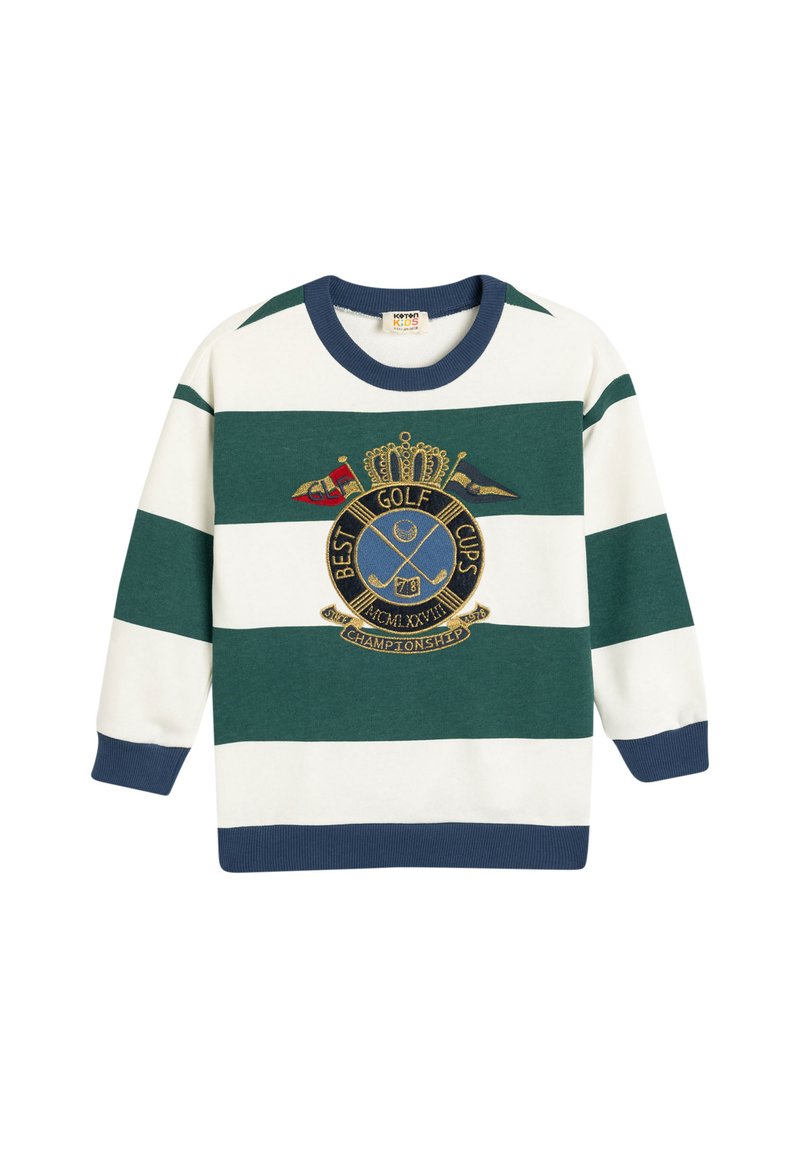 Grön- och vitrandig sweatshirt med rund halsringning och marinblå ribbade muddar. Har en broderad golf-temat badge på framsidan.
